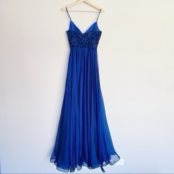 La Femme Sparkle Lace Chiffon Gown Marine Blue 28664 - Picture 9 of 14